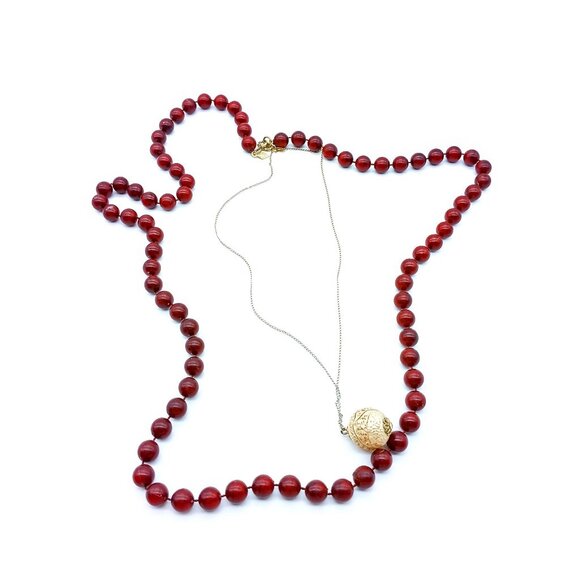 Vintage Sarah Coventry Necklace Duo, Red Beaded Married with Textured Sphere - Picture 3 of 5